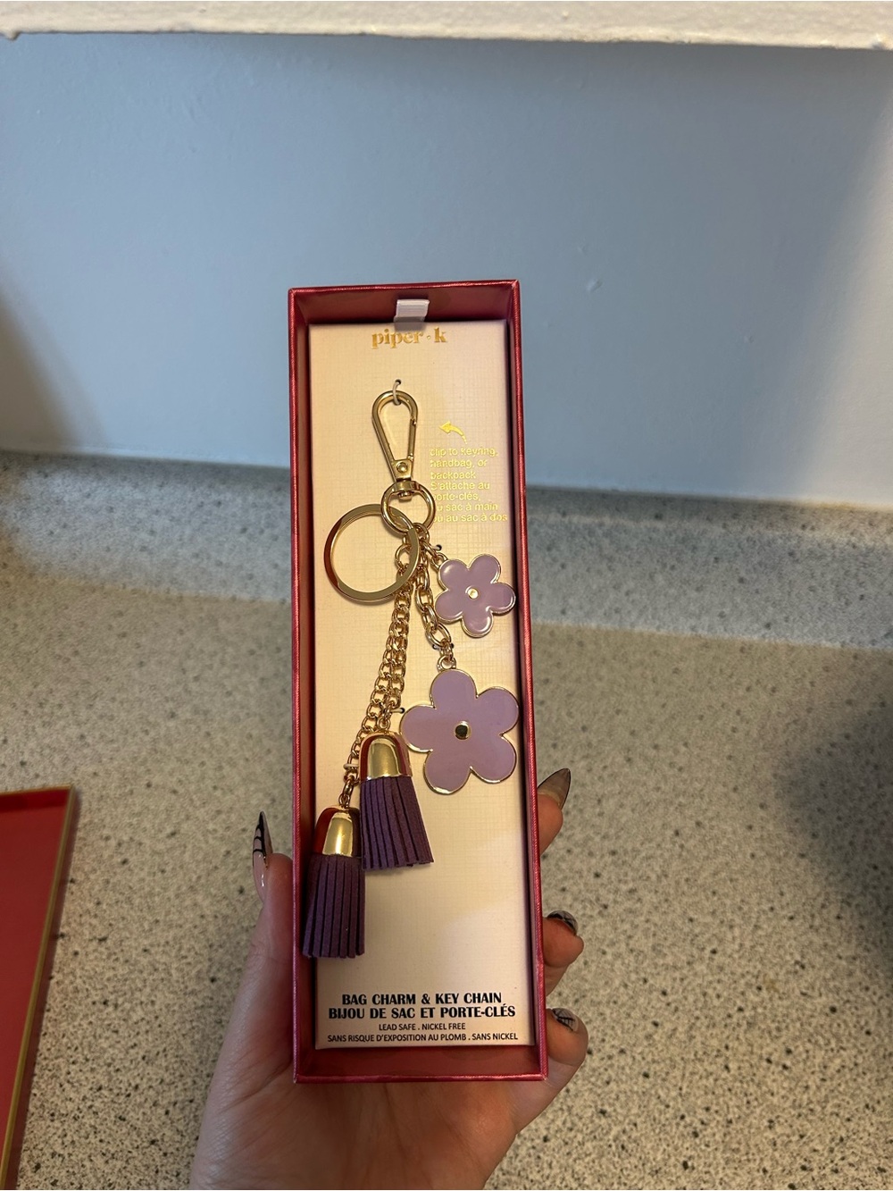 Piper K Lilac Flower & Tassel Key Chain with Gold Hardware